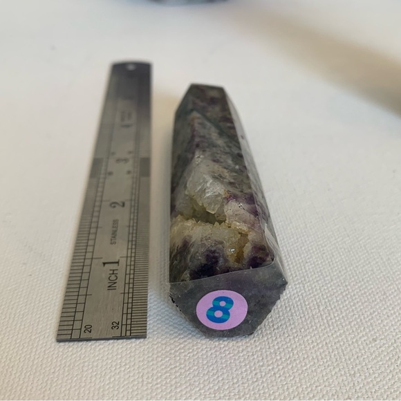 Purple Fluorite Crystal Tower Druzy Clear Quartz Point Wand Obelisk 4 1/4" Leans - Picture 16 of 16
